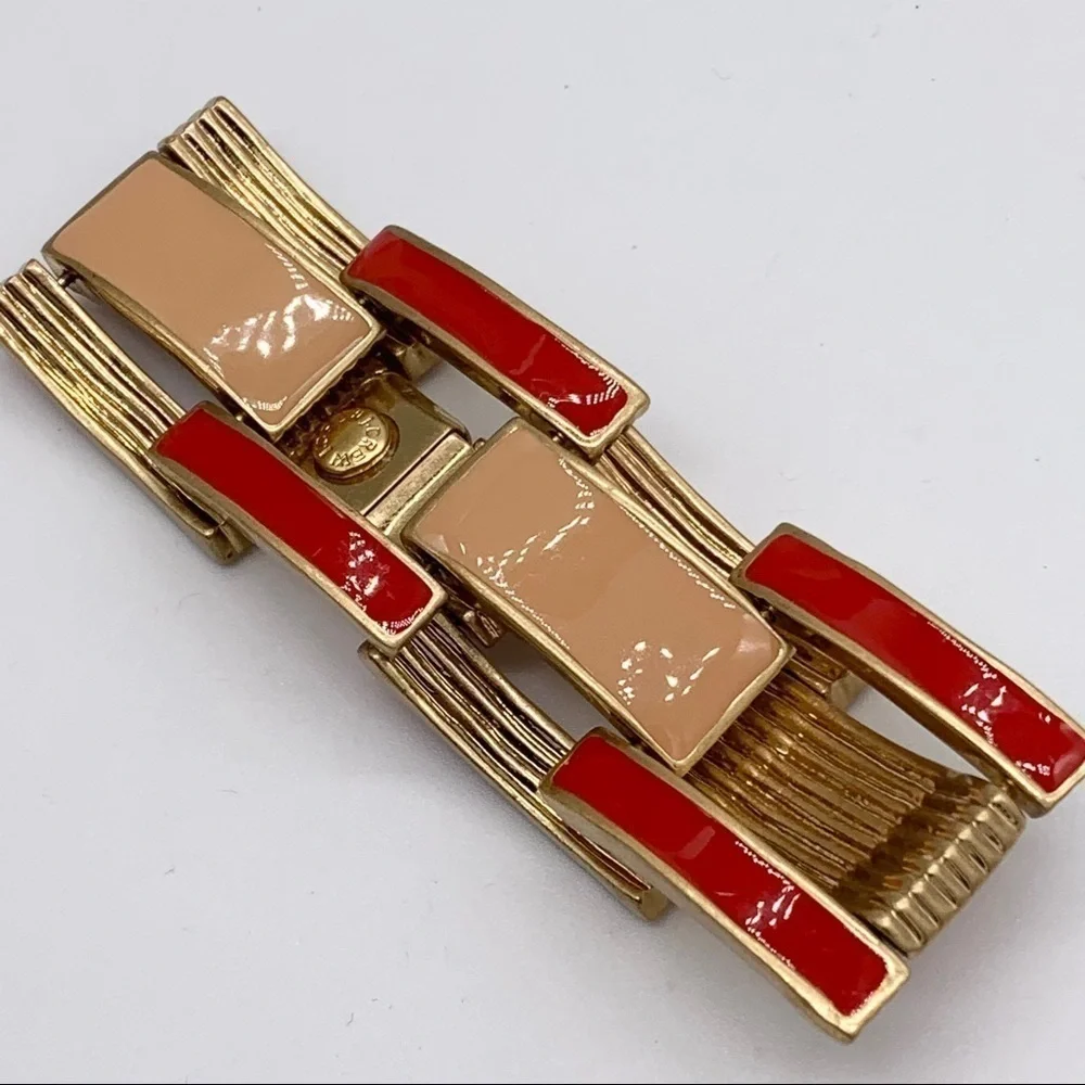 J. Crew Vintage Red & Peach Enamel Gold Bracelet - Picture 2 of 6
